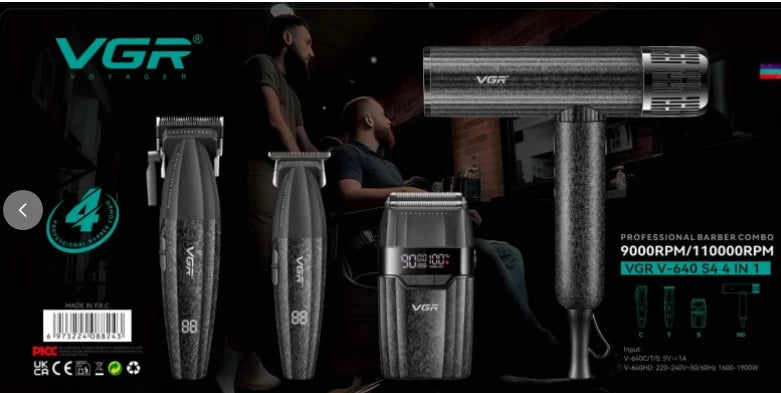 VGR V-640S4 5-in-1 Hair Clipper Kit – 9000 RPM, 180-Min Runtime, Titanium Blade