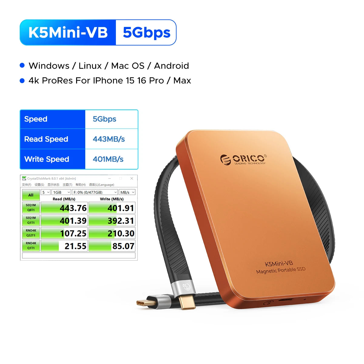 ORICO 460MB/S Portable SSD USB3.2 PSSD 480GB External SSD for iPhone 17 16Pro/Max ProRes 4K ProRes K5MINI-VB