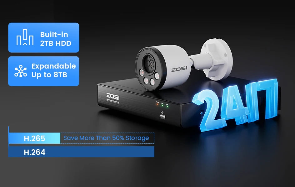 Varnostni kamerov sistem ZOSI 4K PoE NVR z 8MP vodoodpornimi žičnimi PoE kamerami H.265+ 4K/8MP 8-kanalni CCTV NVR za 24/7 nadzor doma
