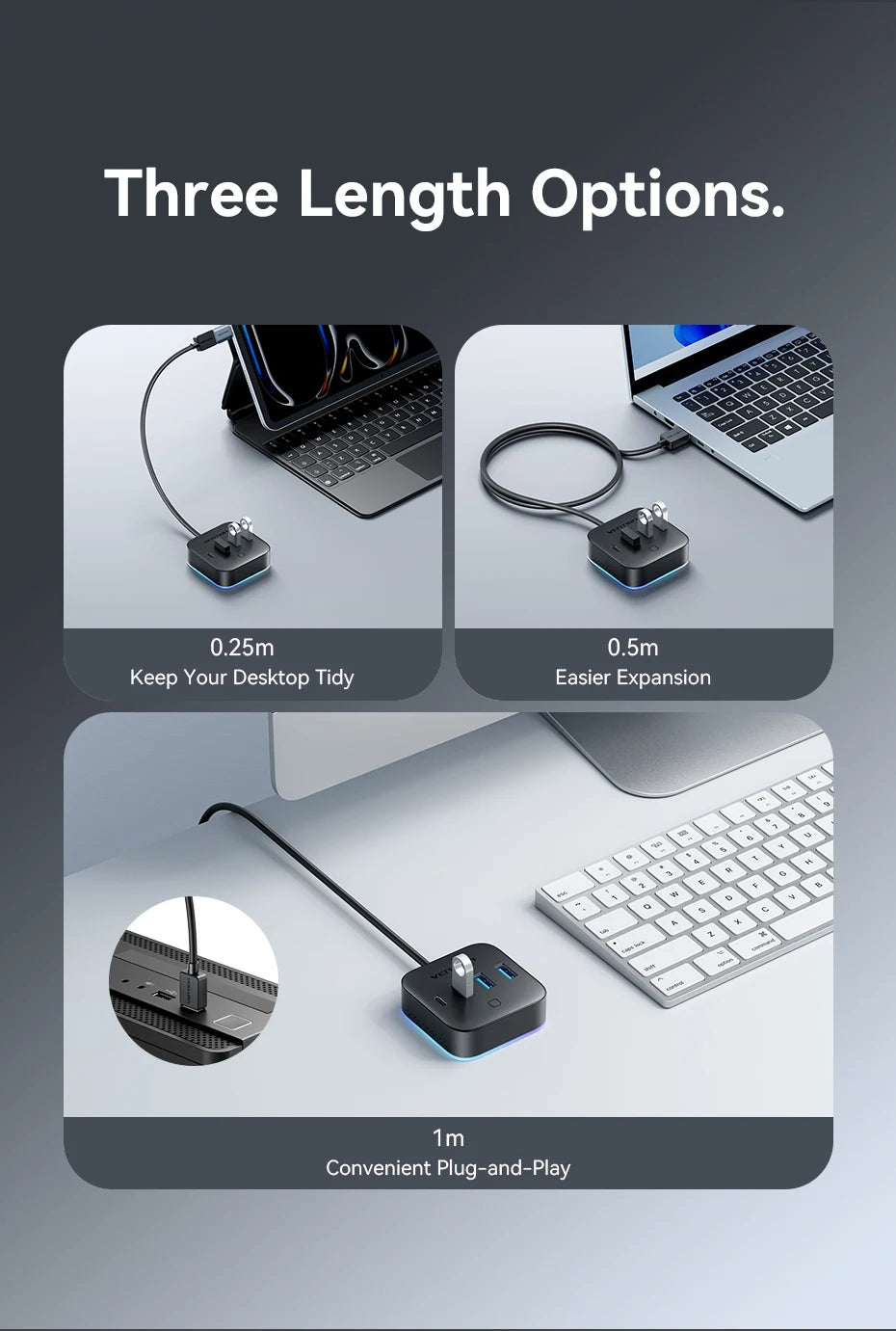 Vention USB 3.0 / USB-C 3.2 Gen1 RGB zvezdišče | 4-portni 5Gbps namizni razdelilnik za PC in prenosnik