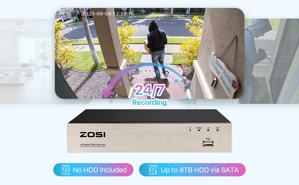 ZOSI 8-kanalni 1080P žični varnostni sistem kamer – H.265+ 5MP Lite DVR snemalnik z 2MP notranjo/zunanjostjo