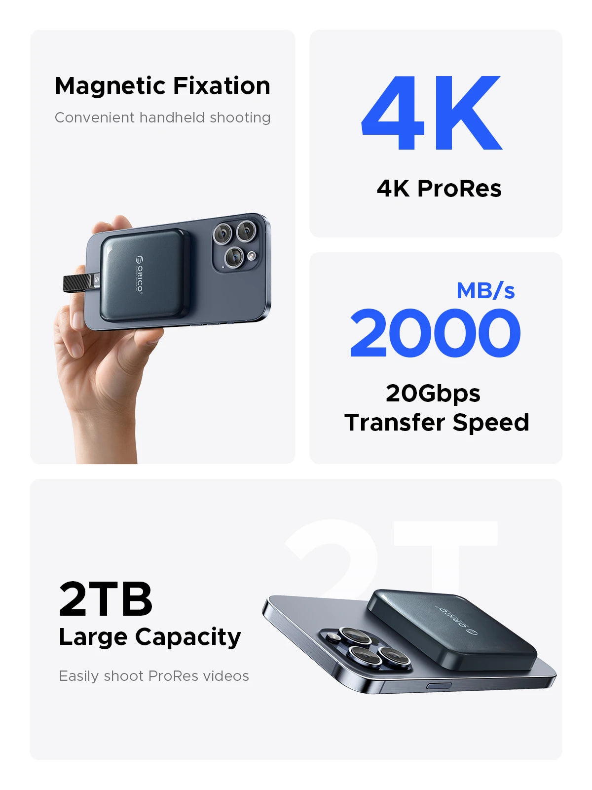 ORICO magnetni prenosni SSD USB3.2 20Gbps podpira snemanje videoposnetkov 4K ProRes za zunanji SSD disk serije iPhone 15 Pro