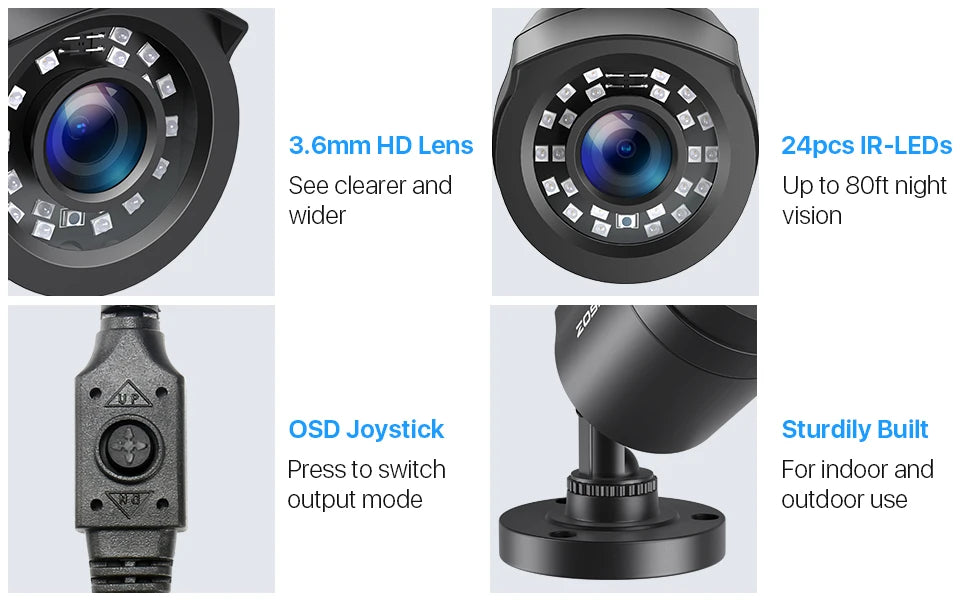 ZOSI 1080p 4-v-1 varnostna kamera – 2 MP zunanja vodoodporna CCTV s 3,6 mm objektivom, 24 IR LED-diodami in 24 m nočnega vida