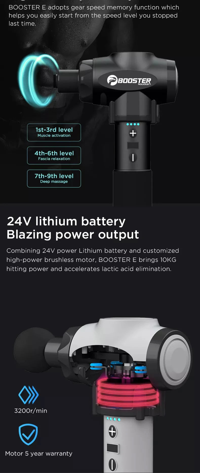 Booster E Masažna pištola za globoko tkivno masažo, terapija, stimulacija telesnih mišic, lajšanje bolečin za sproščanje bolečin, fitnes, oblikovanje