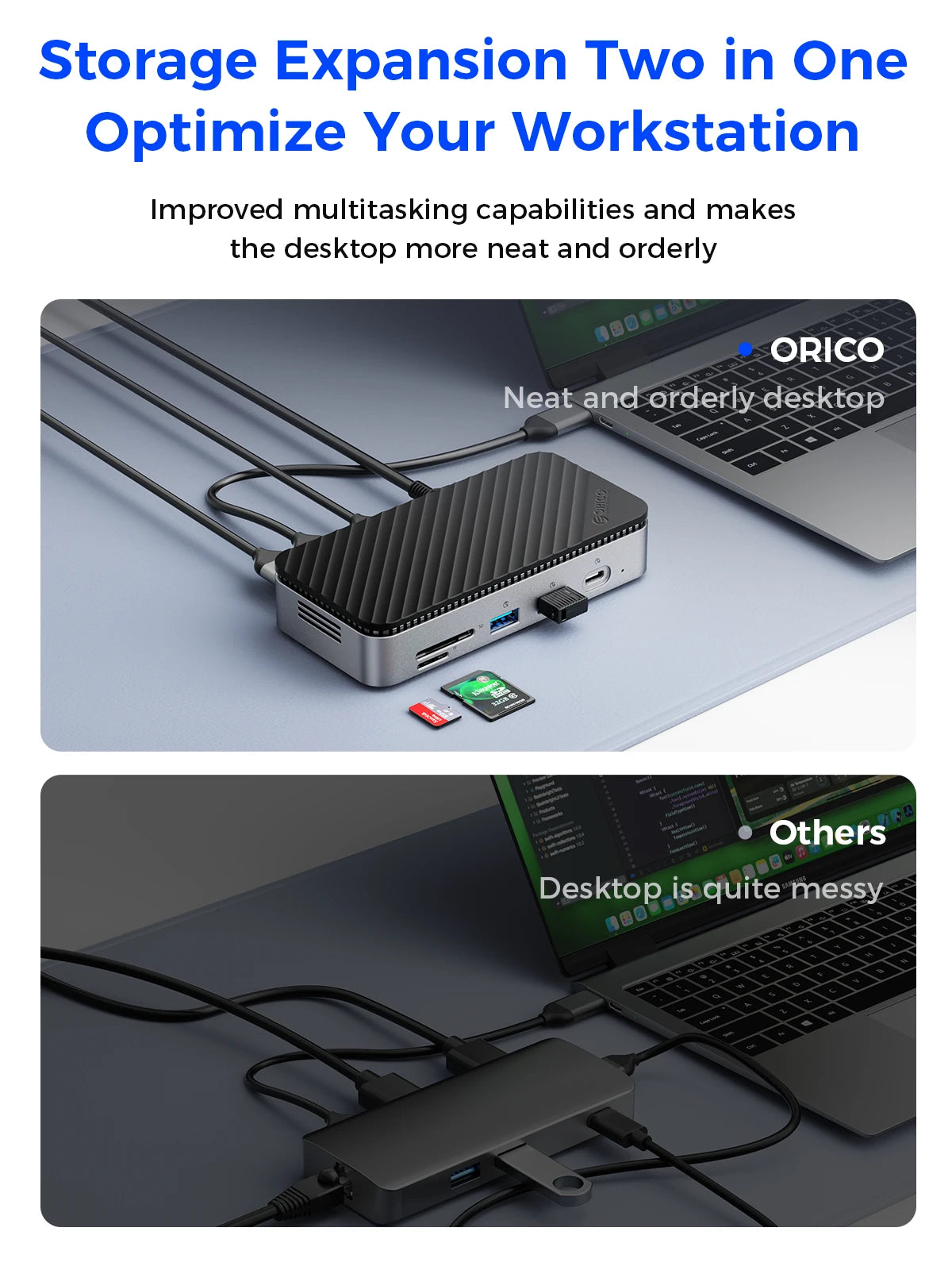 ORICO 10Gbps USB-C zaslonsko zvezdišče z ohišjem M.2 NVMe/SATA SSD, hladilnim ventilatorjem, 4K60Hz HDMI