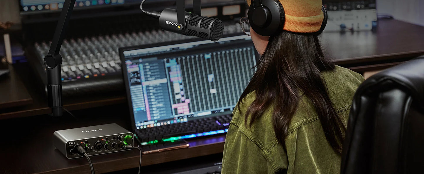 Maono PS22 – USB Audio Interface 24‑bit/192 kHz | 60 dB Pro Preamp, Dual USB, Low‑Noise Recording for Home Studio, Podcast & Streaming