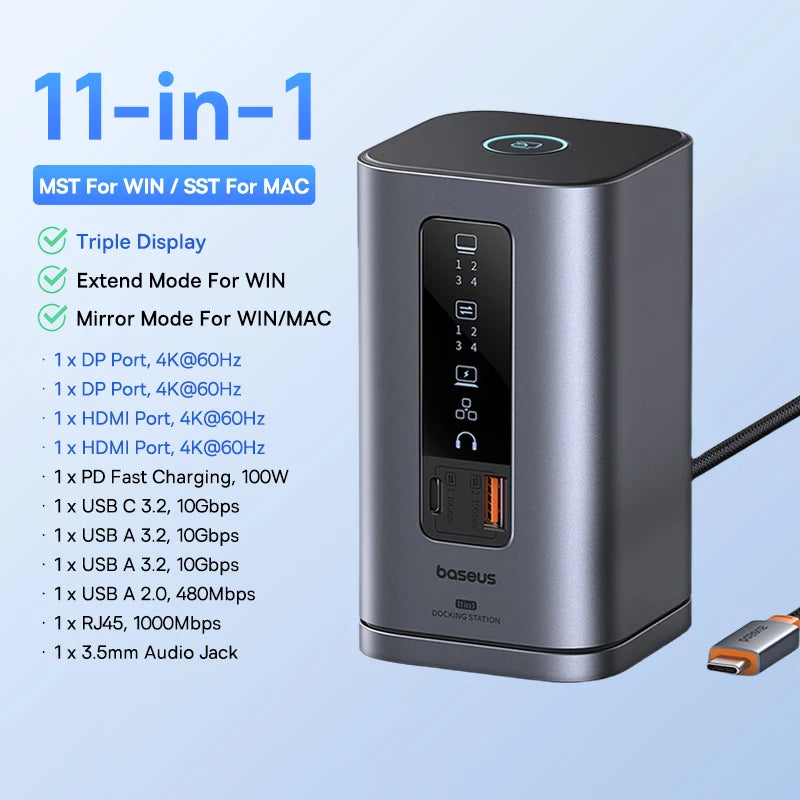Baseus 11‑v‑1 zvezdišče USB‑C | HDMI + DP 4K@60Hz MST trojni zaslon, USB 3.2, RJ45, PD100W, magnetna priklopna postaja