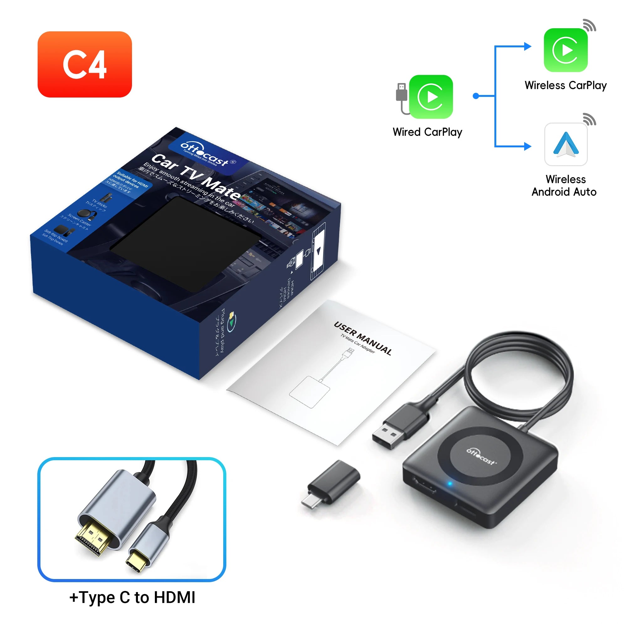 OTTOCAST Car TV Mate Pro C4 Wireless CarPlay HDMI Adapter