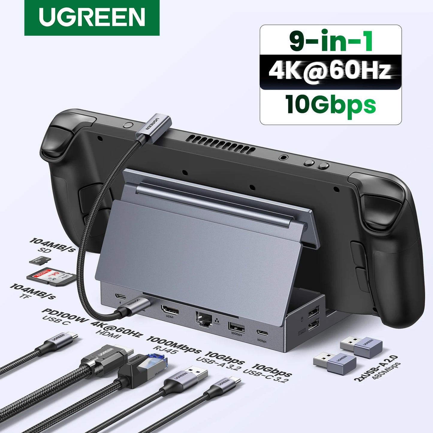 UGREEN 9-v-1 Steam Deck priklopna postaja s HDMI 4K60Hz, RJ45 Ethernet, PD100W, USB-A/C