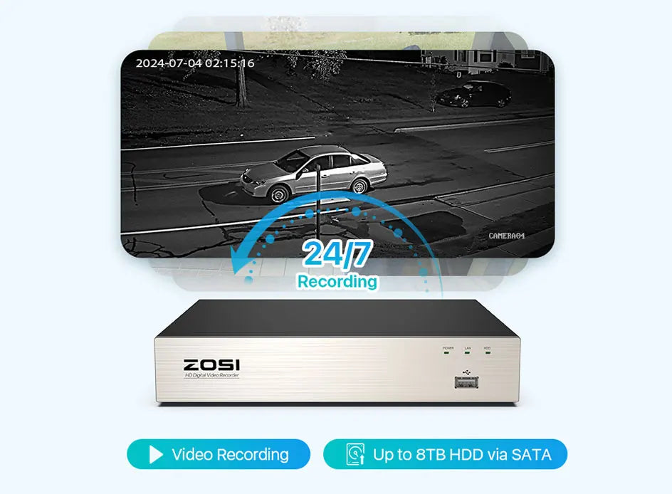 Varnostni sistem CCTV ZOSI 8CH 1080P – 5MP Lite H.265+ DVR z 2/4/6/8× 2MP zunanjimi nočnimi kamerami