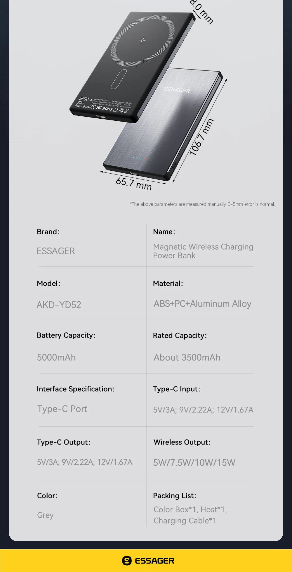 ESSAGER 20W magnetni brezžični polnilnik, 5000 mAh, tanek, MagSafe
