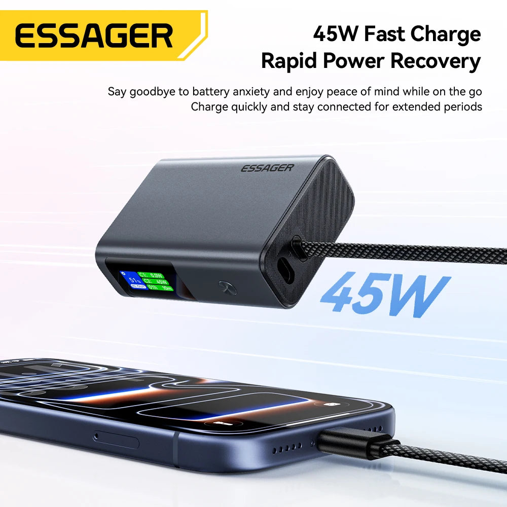 ESSAGER 45W Power Bank 10000 mAh z vgrajenim kablom USB-C