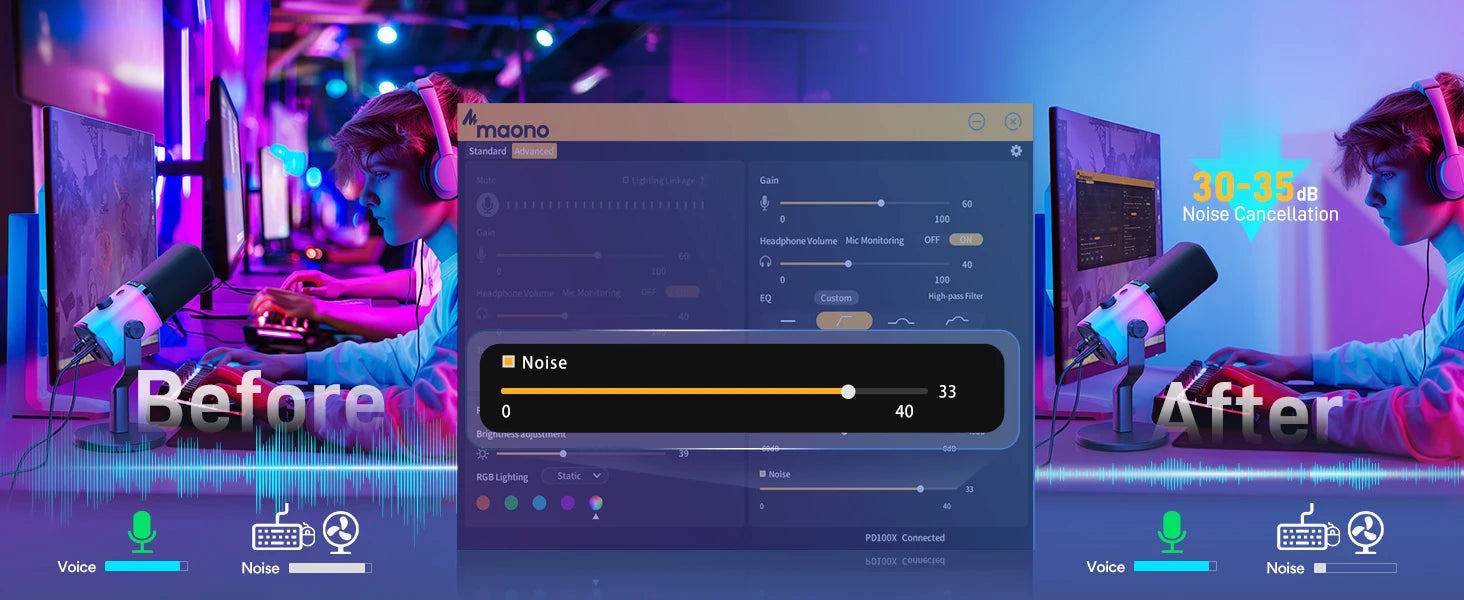 Maono PD100X – USB/XLR Dynamic RGB Gaming Microphone | Noise Reduction, Mute Button & Headphone Monitoring for Streaming & Podcasting