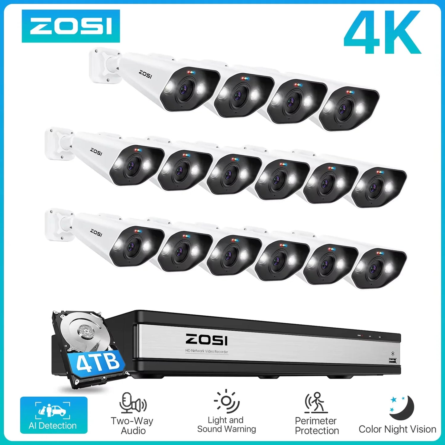 ZOSI 16CH 4K PoE Security Camera System – 8MP NVR with Outdoor/Indoor Color Night Vision AI IP Cameras