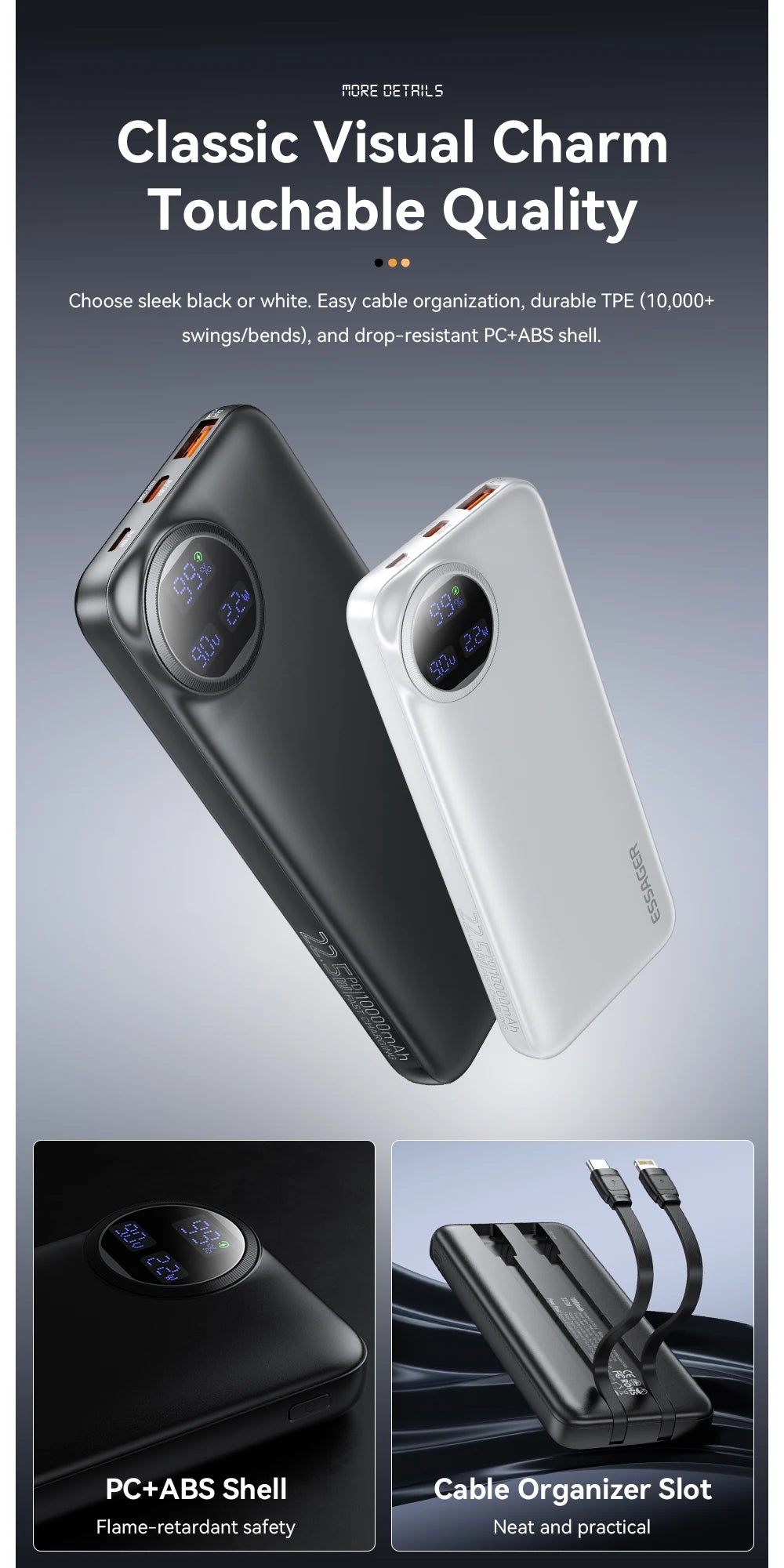 ESSAGER 22.5W prenosna baterija 20000 mAh z dvema vgrajenima kabloma
