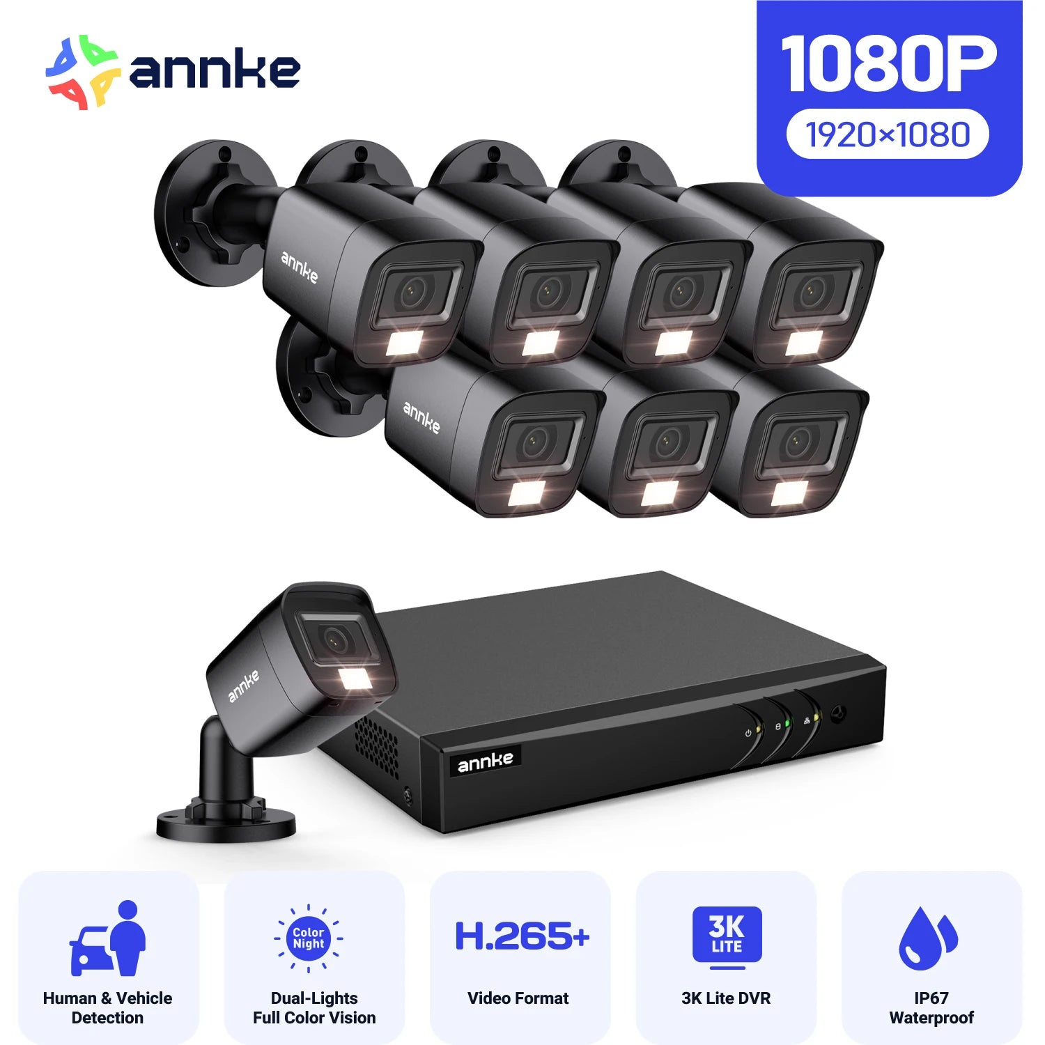 ANNKE 1080P Dvojna-svetlobna CCTV kamera | 8-kanalni DVR, zaznavanje ljudi in vozil, IP67 zunanje kamere