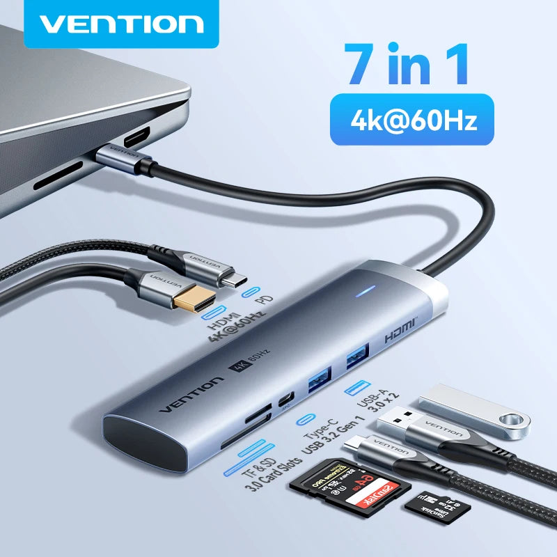 Vention USB‑C 7‑in‑1 Hub | 4K60Hz HDMI, USB 3.0, SD/TF, PD 100W Docking Station