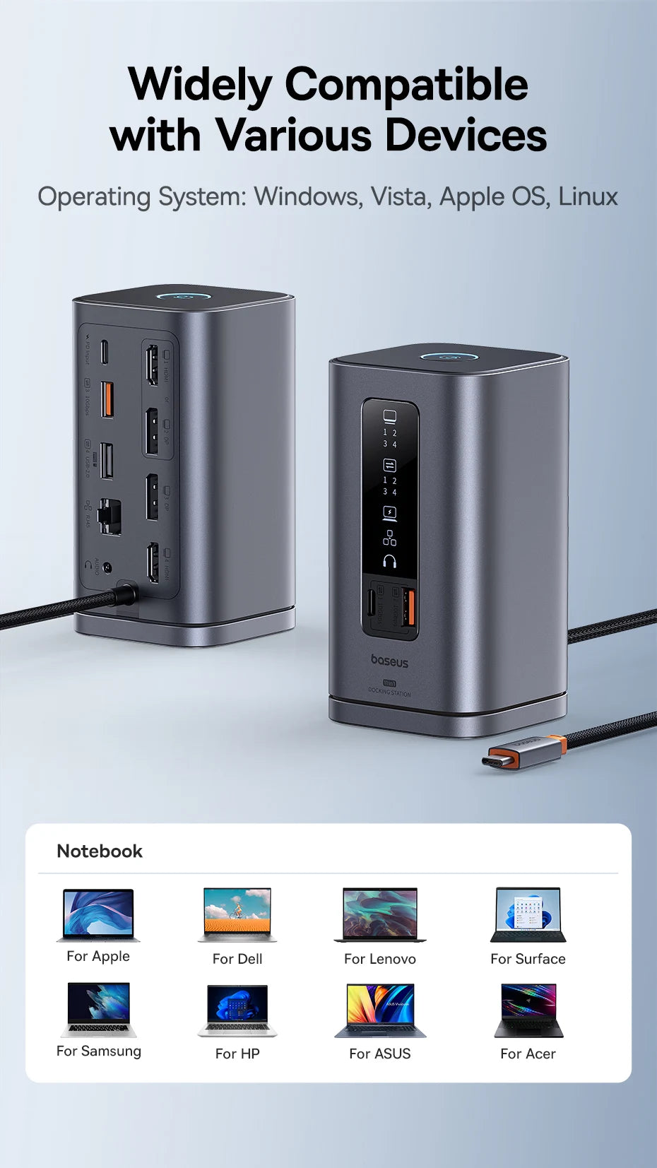 Baseus 11‑v‑1 zvezdišče USB‑C | HDMI + DP 4K@60Hz MST trojni zaslon, USB 3.2, RJ45, PD100W, magnetna priklopna postaja