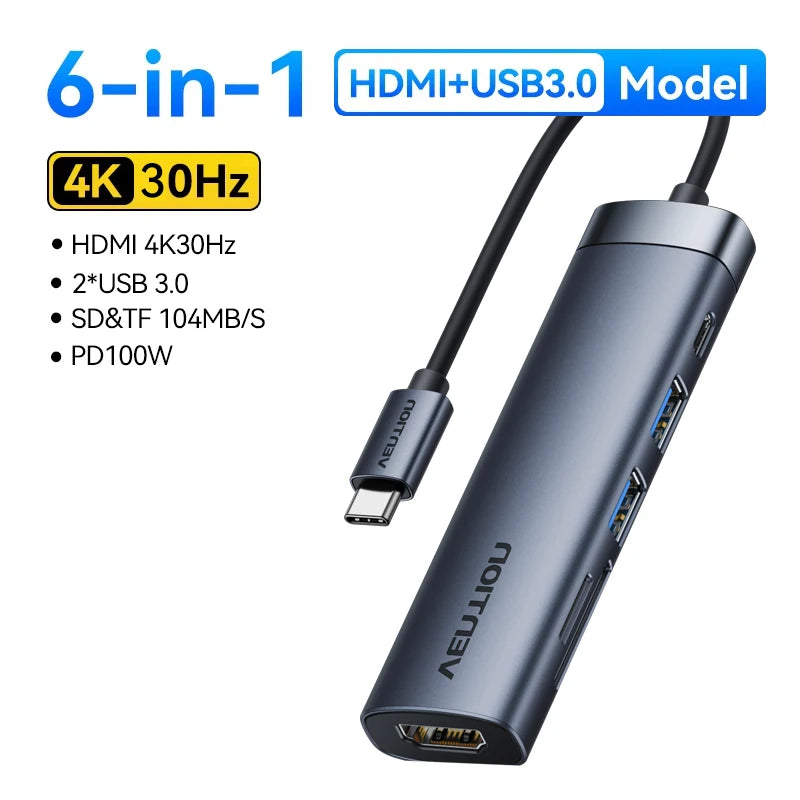 Vention zvezdišče USB‑C 6‑v‑1 | HDMI 4K, PD 100W, RJ45, priklopna postaja USB 3.0