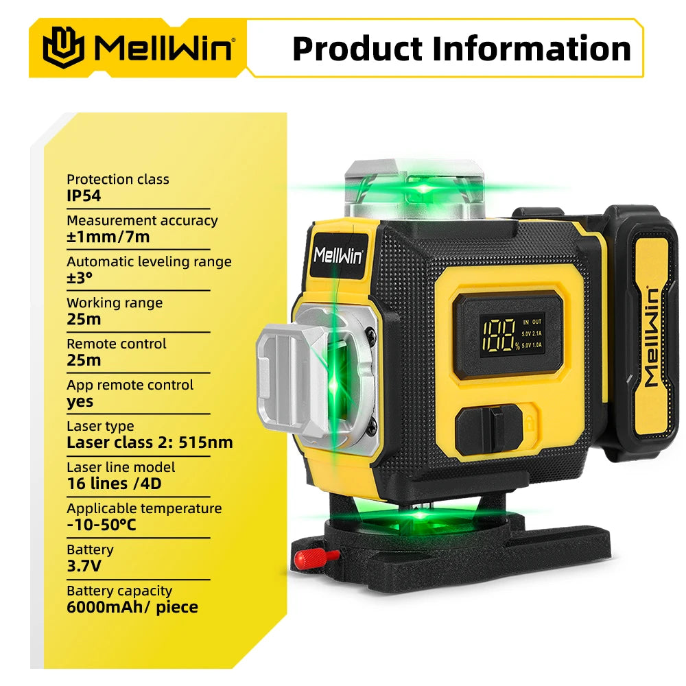 MELLWIN 16 Lines Laser Level APP Remote Control Selfleveling 360 Horizontal & Vertical Laser level With 6Ah Big Li-ion Battery - Limetastore