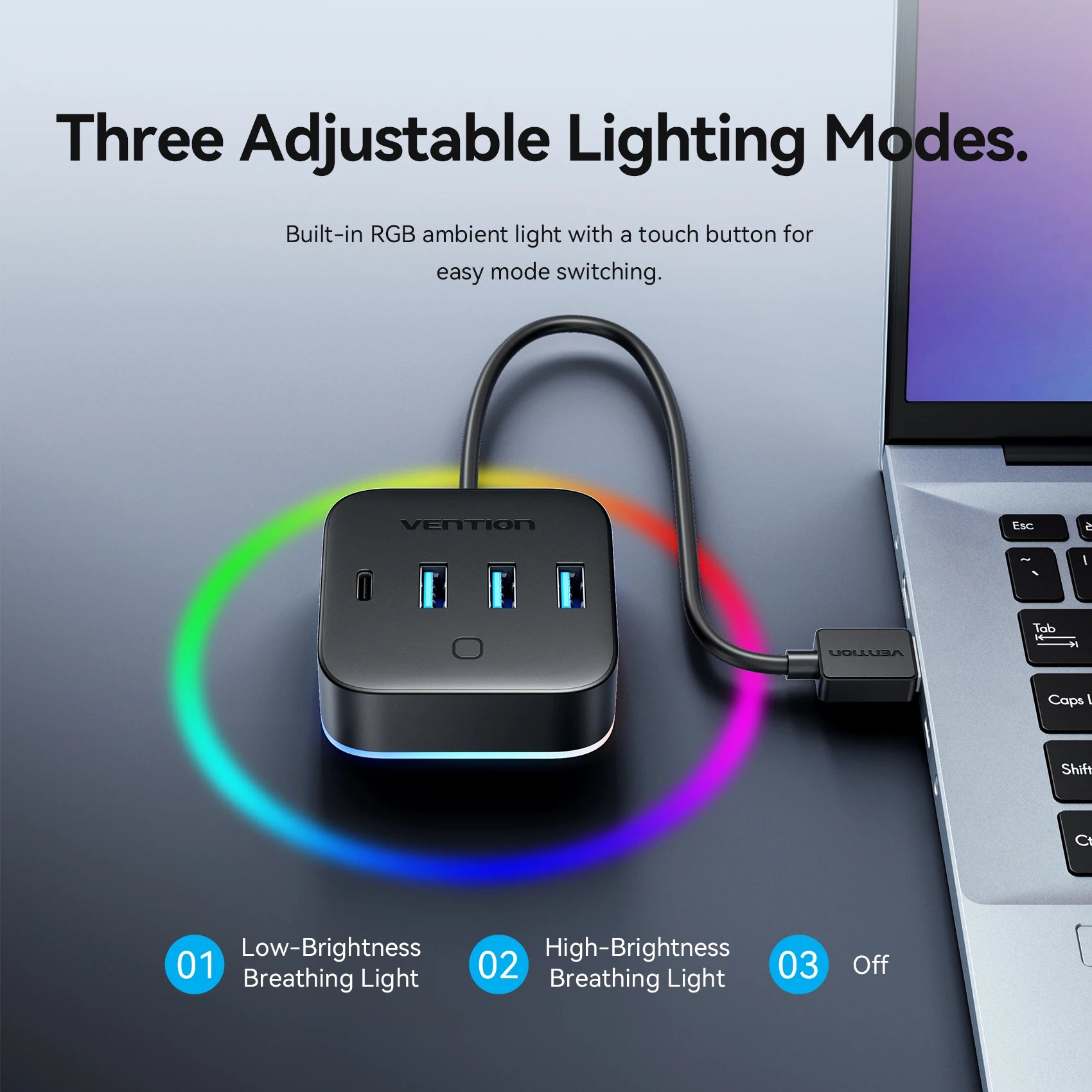 Vention USB 3.0 / USB-C 3.2 Gen1 RGB zvezdišče | 4-portni 5Gbps namizni razdelilnik za PC in prenosnik