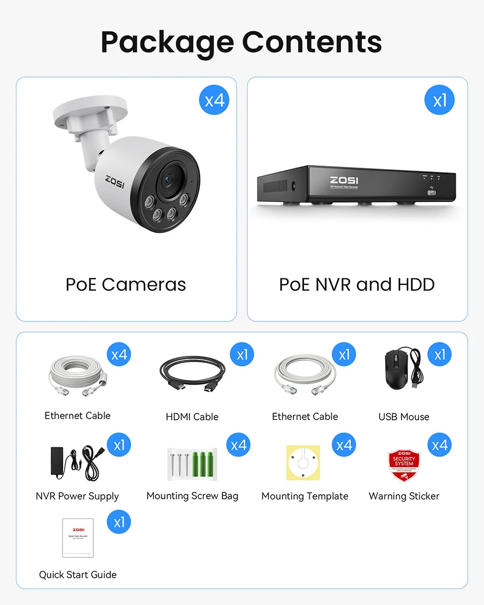 Varnostni kamerov sistem ZOSI 4K PoE NVR z 8MP vodoodpornimi žičnimi PoE kamerami H.265+ 4K/8MP 8-kanalni CCTV NVR za 24/7 nadzor doma