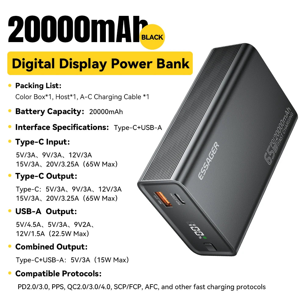 ESSAGER 20000 mAh prenosna baterija 65 W PD za iPhone 17 MacBook