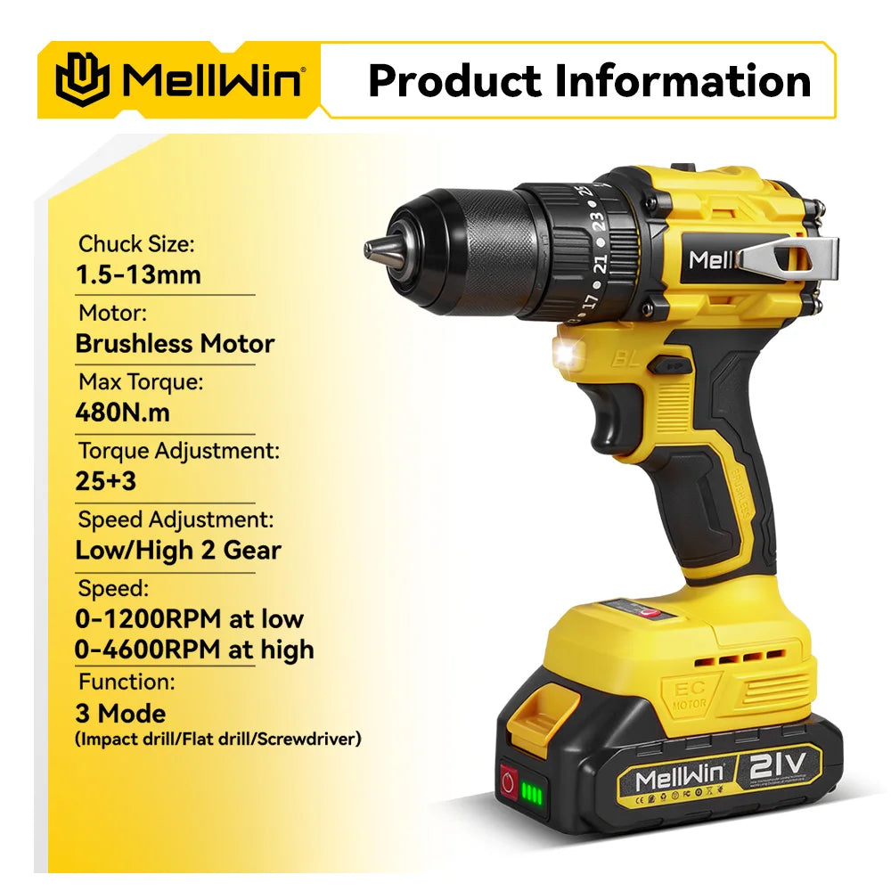 MELLWIN 480N.m Brushless Electric Impact Drill Set 3 IN 1 Cordless Multipurpose Screwdriver Tool Set For Makita 18V Battery Pin - Limetastore