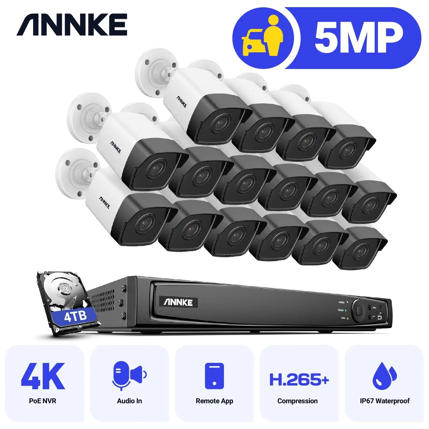 ANNKE H500 5MP PoE CCTV System | 16CH H.265+ NVR, 16× IP67 Cameras, Audio‑In