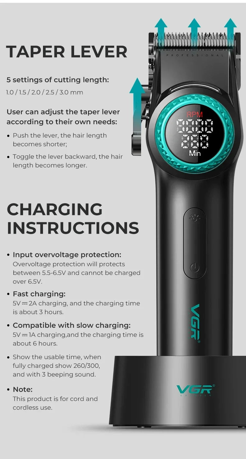 VGR V-001 PRO Hair Clipper – 9,000 RPM, 4600mAh, 300-Min Runtime