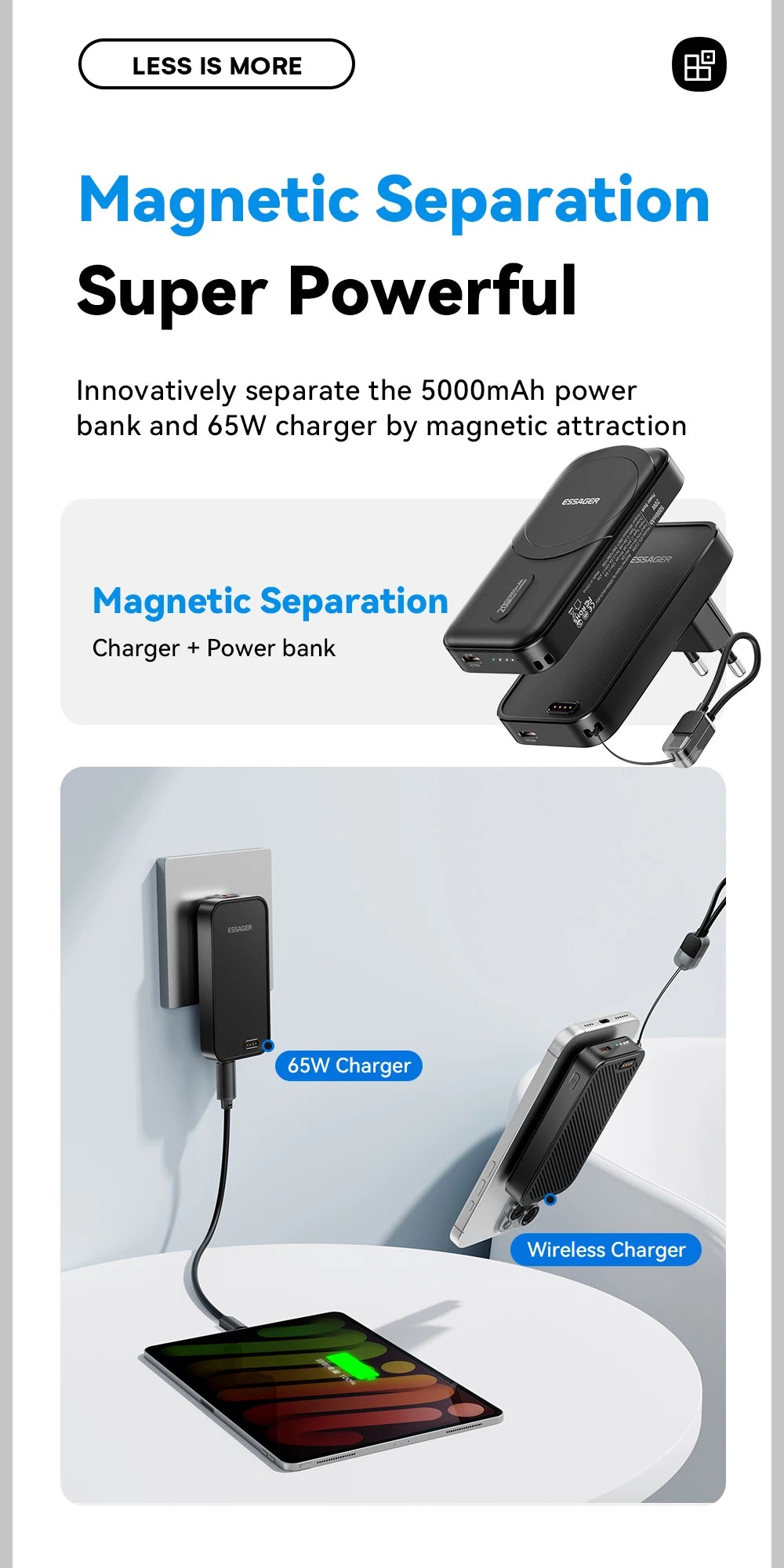ESSAGER 3-v-1 magnetna 65W GaN polnilna baterija 5000 mAh