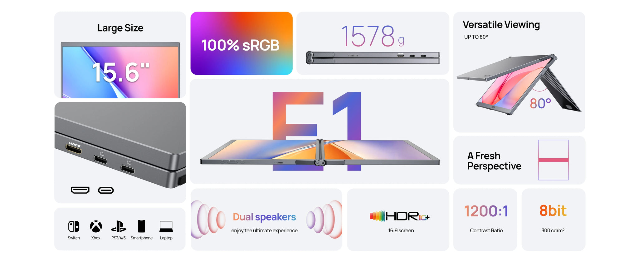 ARZOPA E1 15.6" Dual‑Screen Foldable Portable Monitor | FHD 1080p, 100% sRGB, USB‑C & HDMI