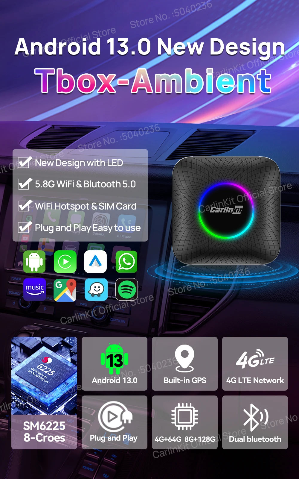 CarlinKit Android 13 SM6225 8-jedrni brezžični CarPlay AI Box
