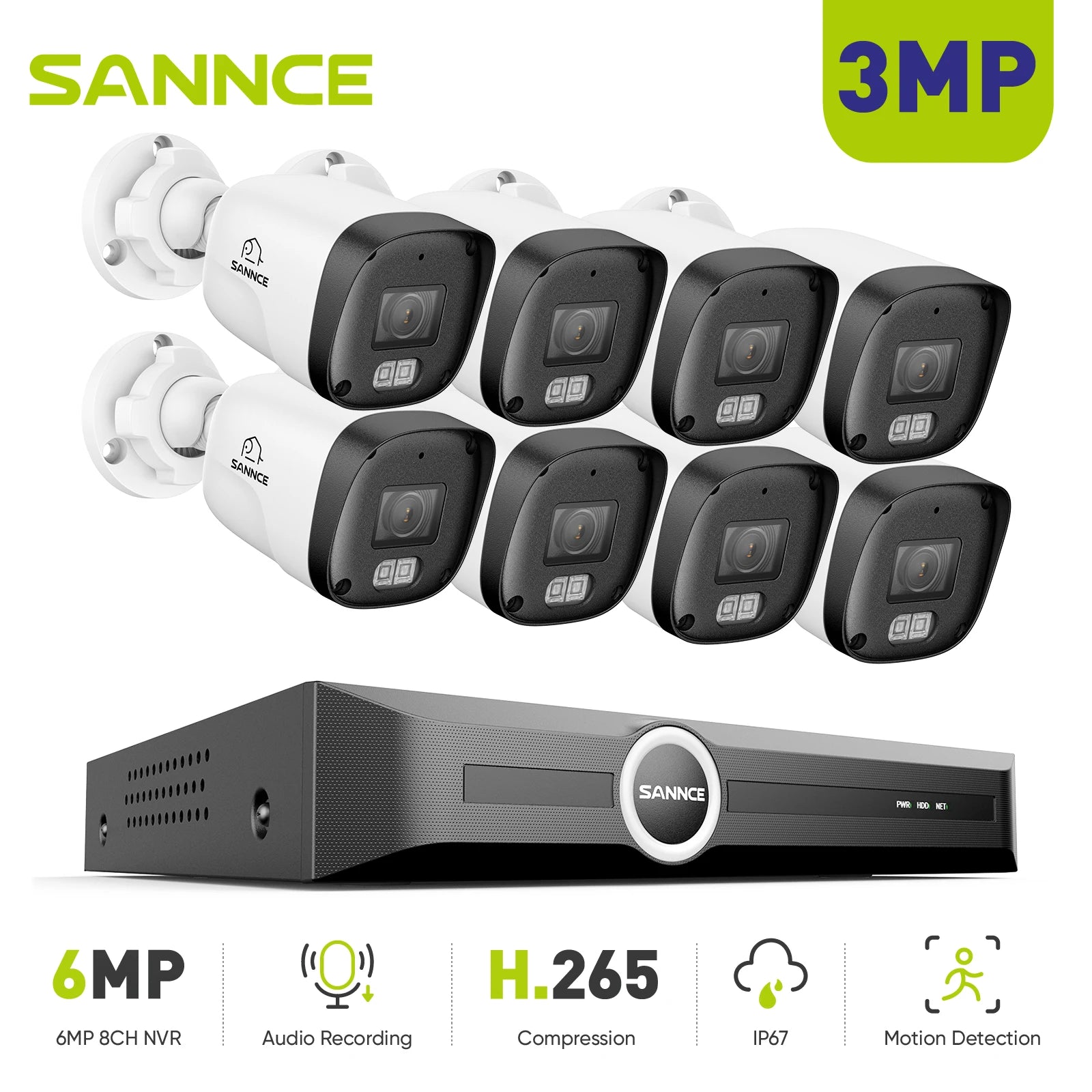 SANNCE 3MP/5MP PoE CCTV sistem | 8-kanalni H.265 NVR, zvok, ONVIF, nočni vid