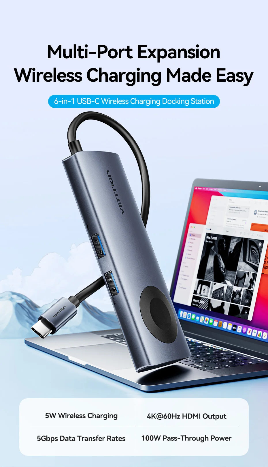 Vention USB-C zvezdišče 6-v-1 | HDMI 4K60Hz, PD 100W, USB 3.0, brezžični polnilnik za Apple Watch