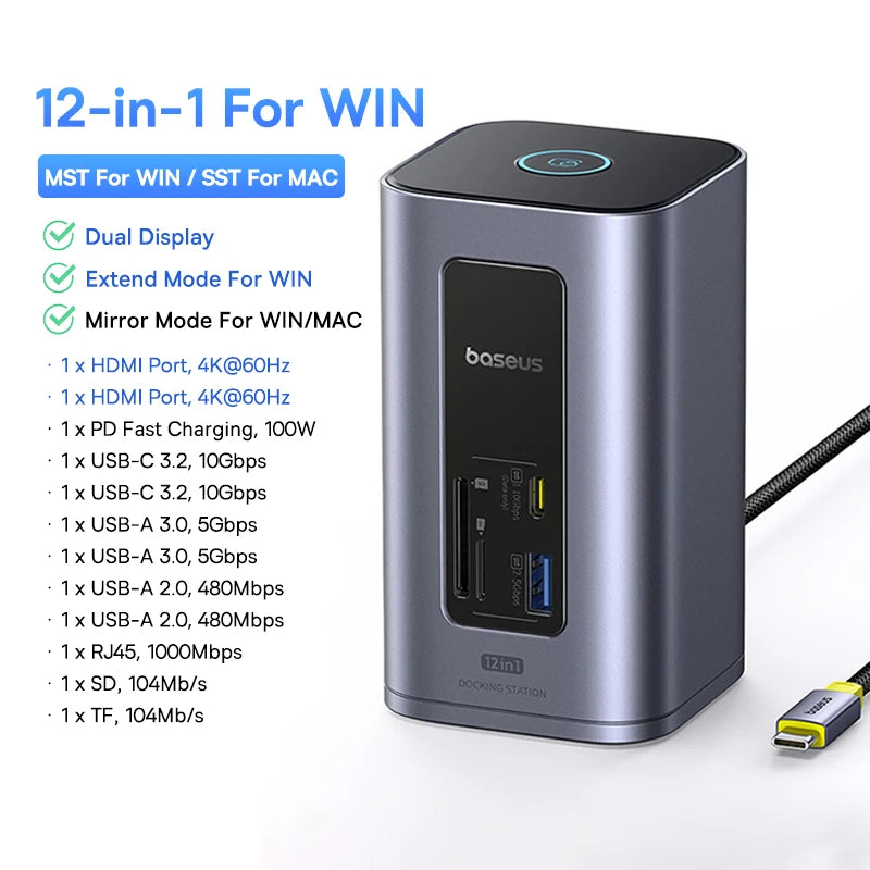 Baseus 11‑in‑1 USB‑C HUB for Mac M3/M2/M1 | HDMI 4K@60Hz, MST Triple Display, PD100W Docking Station