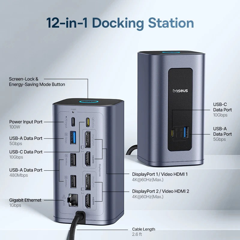 Bazna postaja Baseus 12-v-1 USB-C HUB | DisplayPort + HDMI 4K@60Hz MST, USB 3.2, RJ45, PD 100W