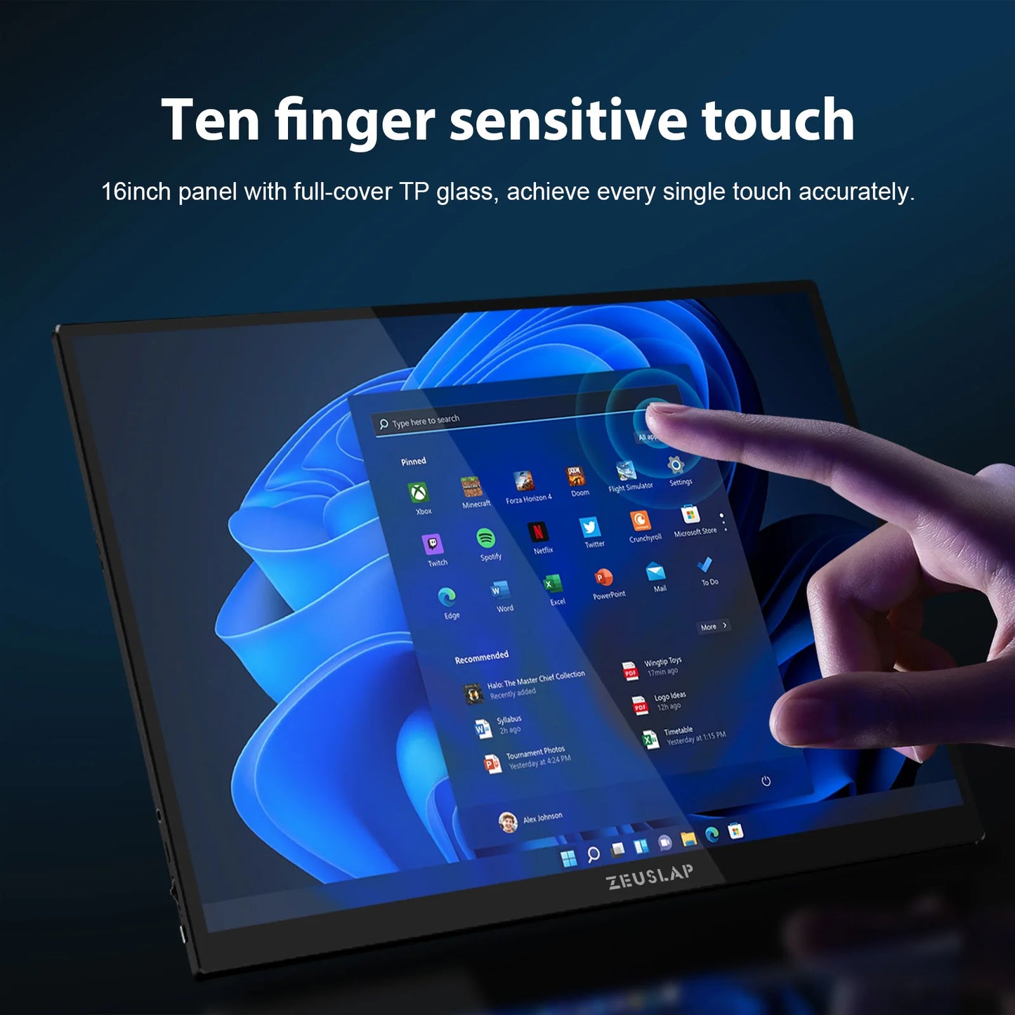 ZEUSLAP 16" 2.5K 144Hz Touch Portable Monitor | 2560×1600, 100% sRGB, 500 nits