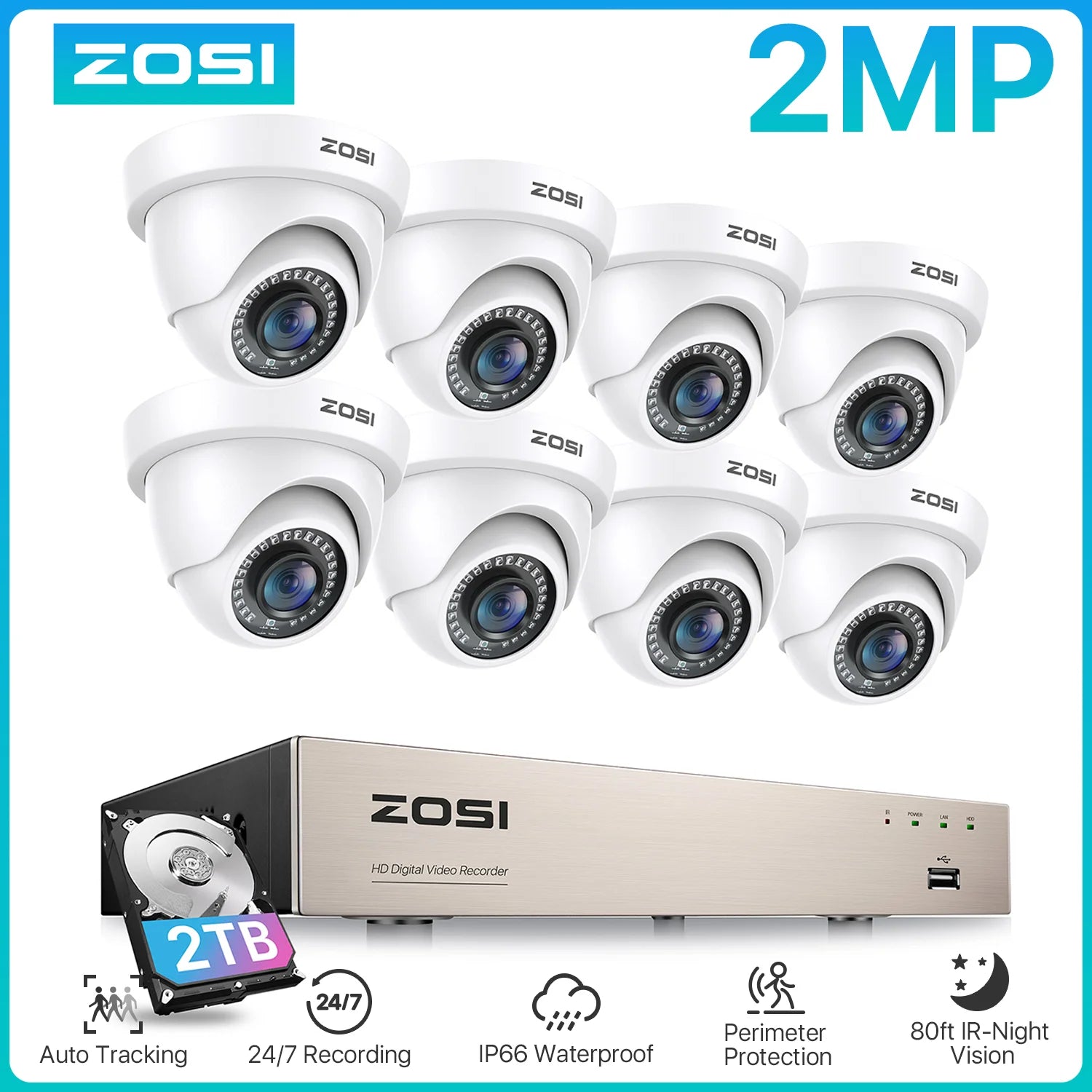 ZOSI 8-kanalni 1080P žični varnostni sistem kamer – H.265+ 5MP Lite DVR snemalnik z 2MP notranjo/zunanjostjo