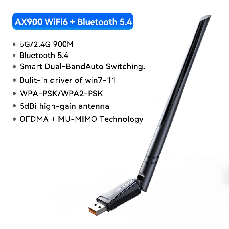 Vention WiFi 6 AX900 USB adapter | Dvopasovni 2,4/5 GHz brezžični ključek za osebni računalnik in prenosnik z operacijskim sistemom Windows