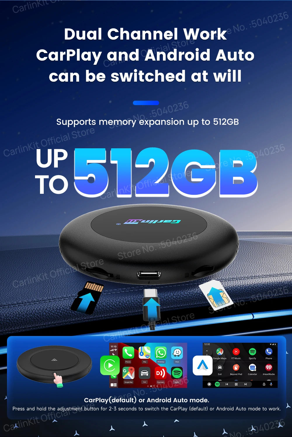 Brezžični CarPlay AI Box CarlinKit Android 15 SM6350 8+128 GB