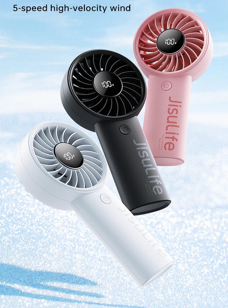 ISULIFE Handheld Fan – 5-Speed Turbo Airflow, 5000mAh Battery with LED Display