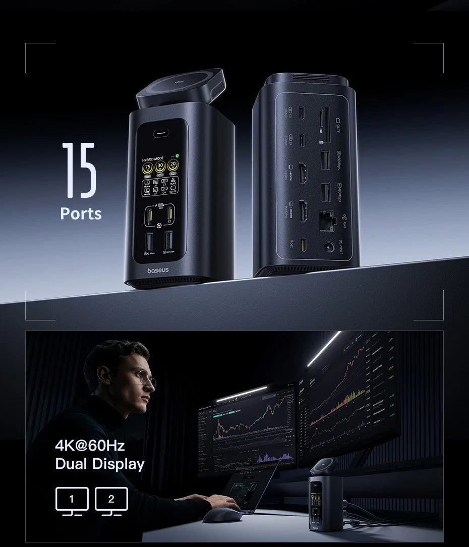 Baseus 160W 15‑v‑1 USB‑C zvezdišče | Dvojni HDMI 4K@120Hz, Qi2.2 25W brezžični polnilnik