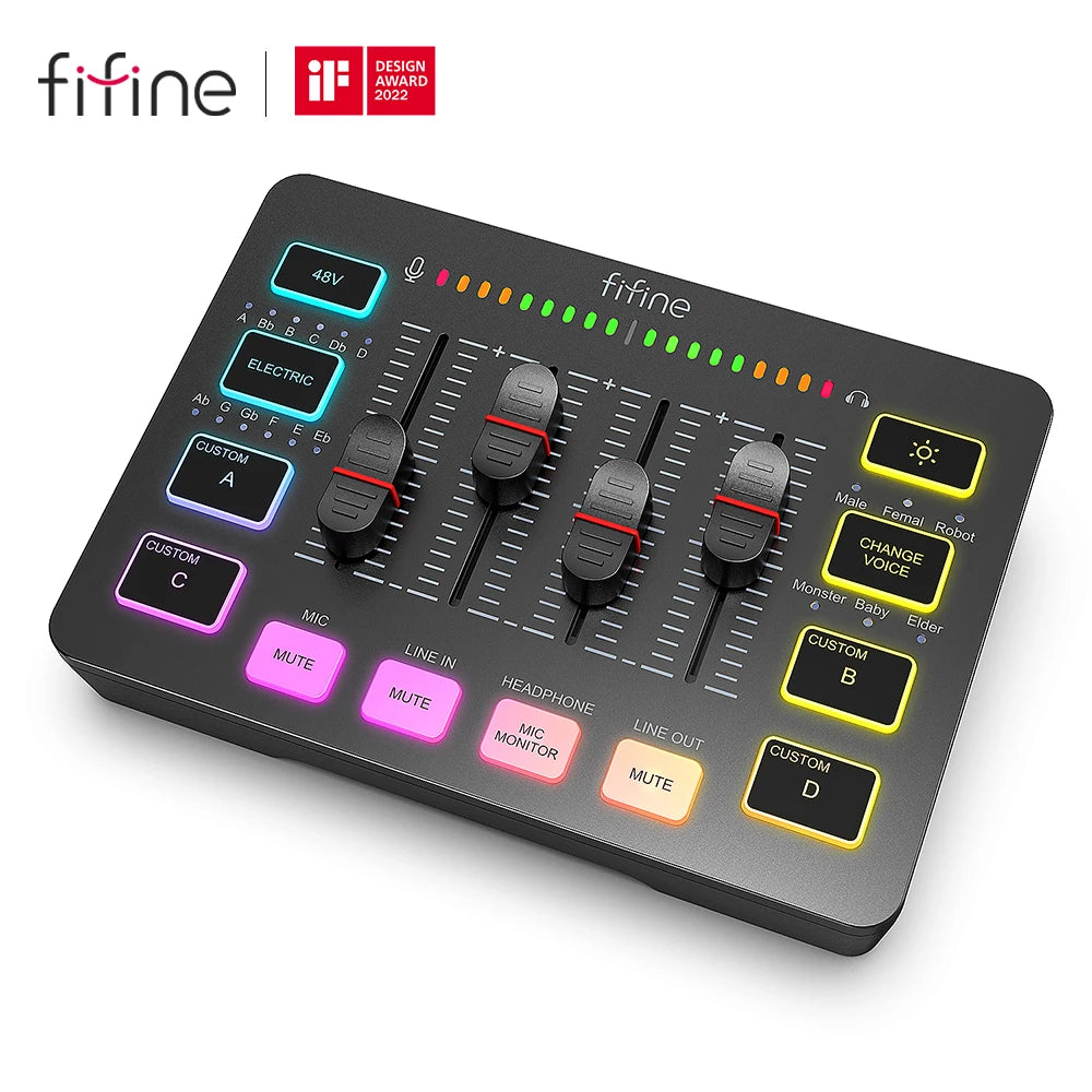 FIFINE igralni avdio mešalnik, pretočni 4-kanalni RGB mešalnik z vmesnikom za mikrofon XLR, za glas v igrah, podcaste, AmpliGame SC3