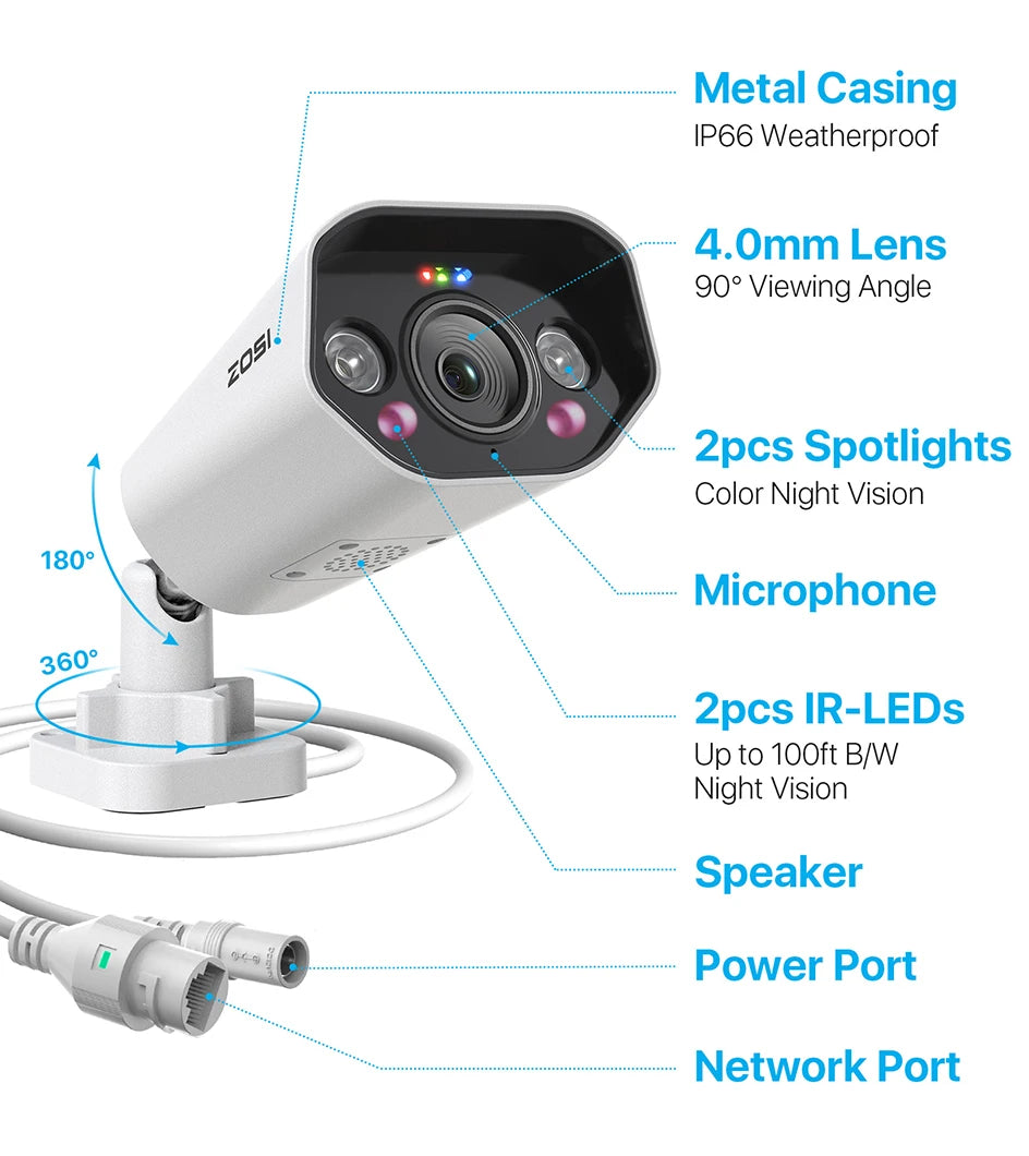 ZOSI 4K 8MP PoE dodana IP kamera – Ultra HD varnostna kamera z dvosmernim zvokom, barvnim nočnim vidom