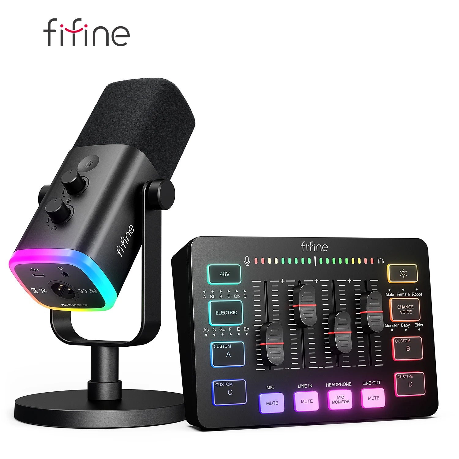 FIFINE KS5W RGB Streaming Podcast Kit | Dynamic Mic & Audio Mixer Bundle
