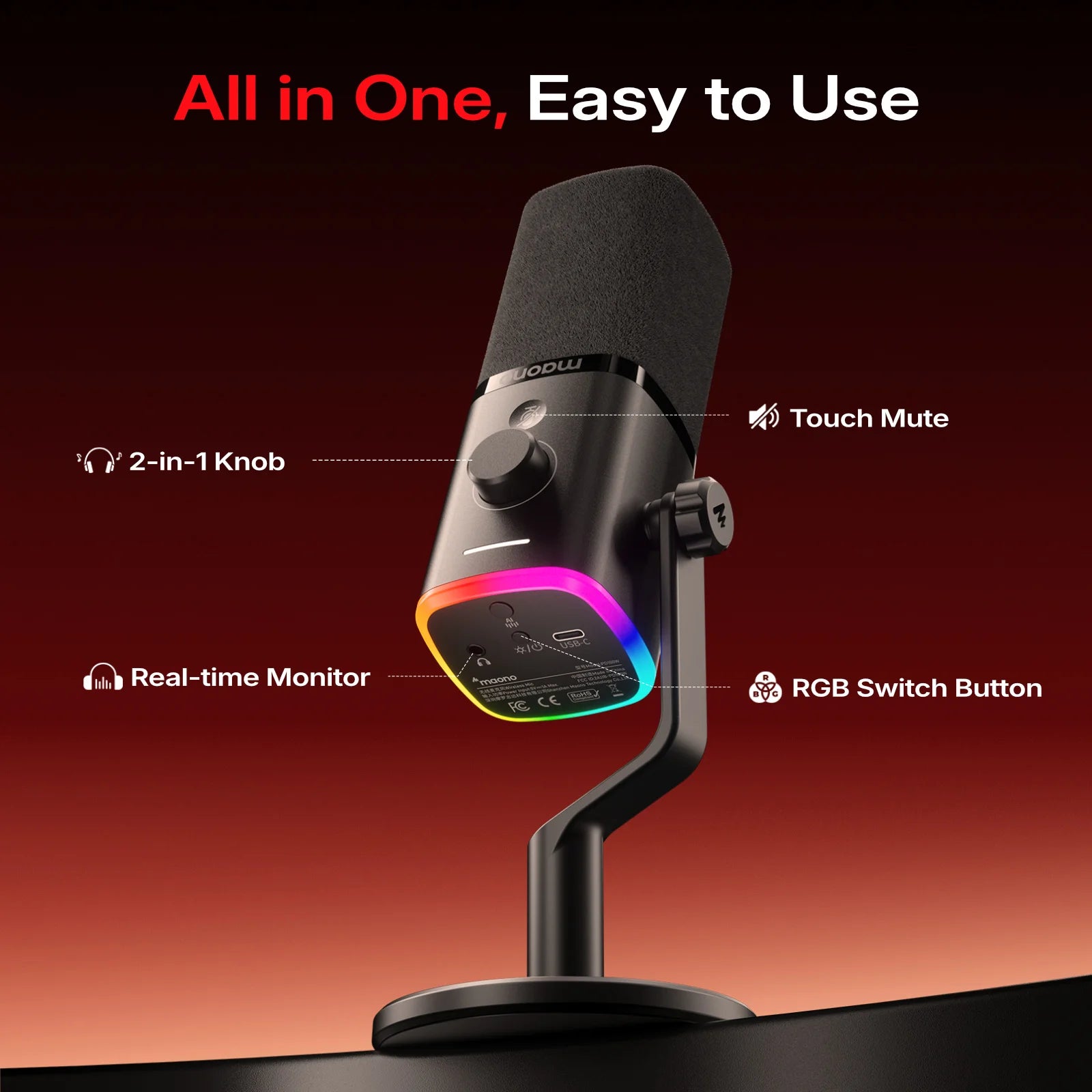 Maono PD100W – Wireless Dynamic Microphone | 50 m Range, One‑Touch Noise Reduction & RGB Lighting for Gaming, Streaming & Live Recording