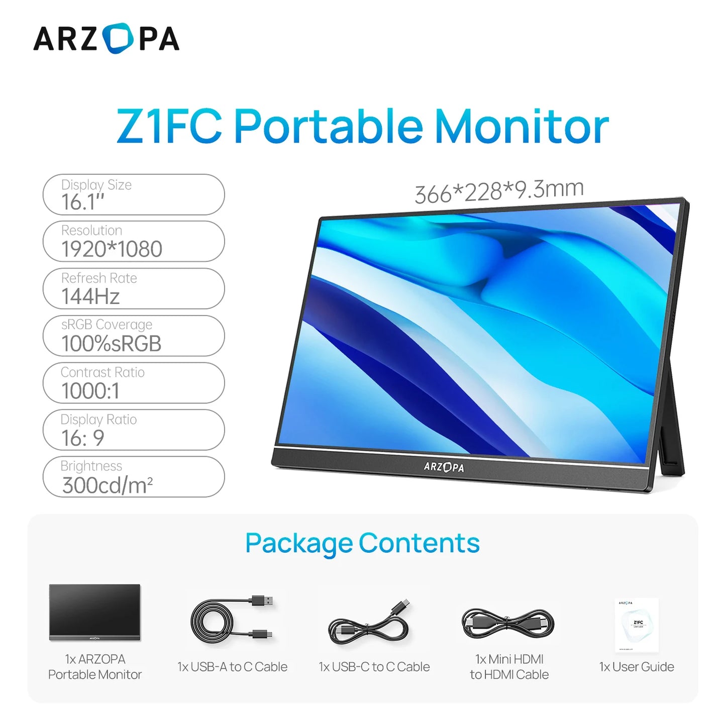 Prenosni igralni monitor ARZOPA Z1FC 16,1" | 144Hz, 1080P FHD, 100 % sRGB, IPS, USB-C in HDMI