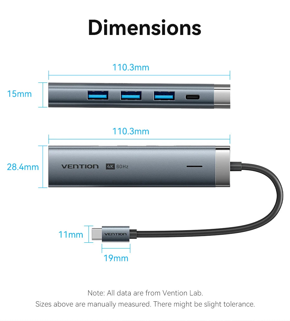 Vention 5-v-1 USB-C Hub | 4K60Hz HDMI, USB 3.0, PD100W Večportni priklop za MacBook & Android