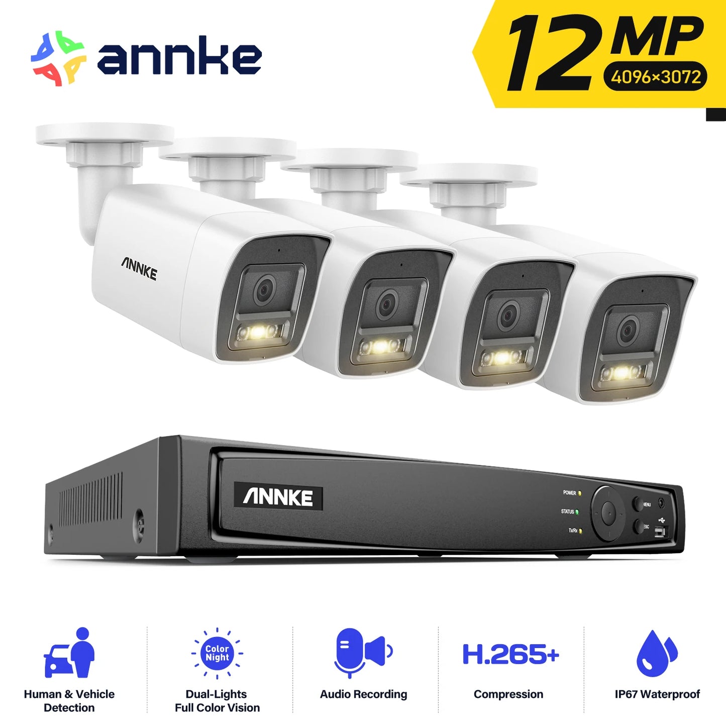 ANNKE 12MP PoE CCTV System | 8CH H.265+ NVR, 4/8× 12MP Cameras, Audio Recording